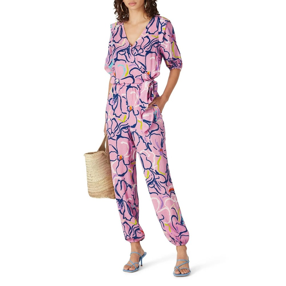 Tanya Taylor Silk Floral Wrap Jumpsuit Pink Short Sleeve Jogger Leg Size 6